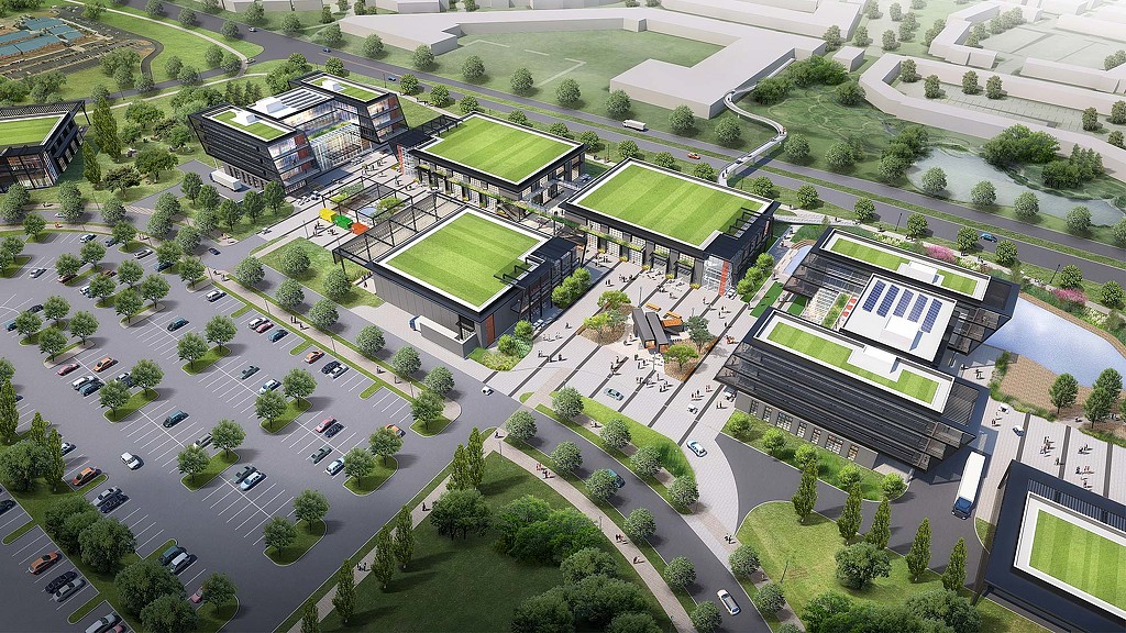 Aerial view of a large campus.